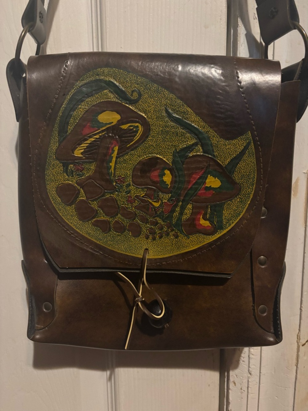Vintage Handcrafted Brown Leather Messenger Bag with Mushroom Artwork